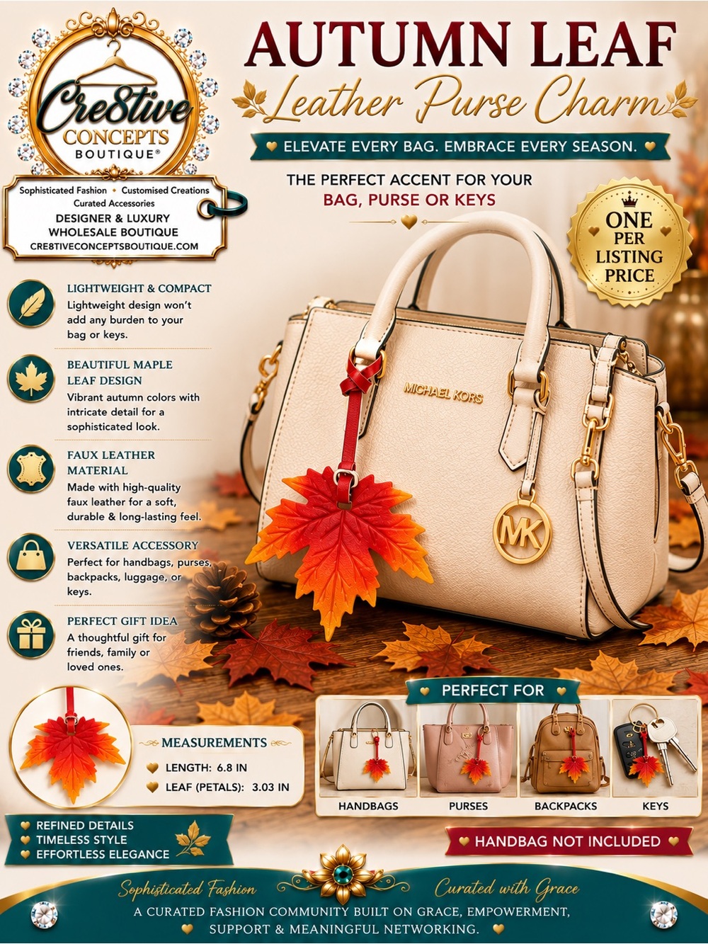 Autumn Leaf Leather Purse Charm Bag Accessory – Handbag, Key & Luggage Charm - Picture 3 of 4
